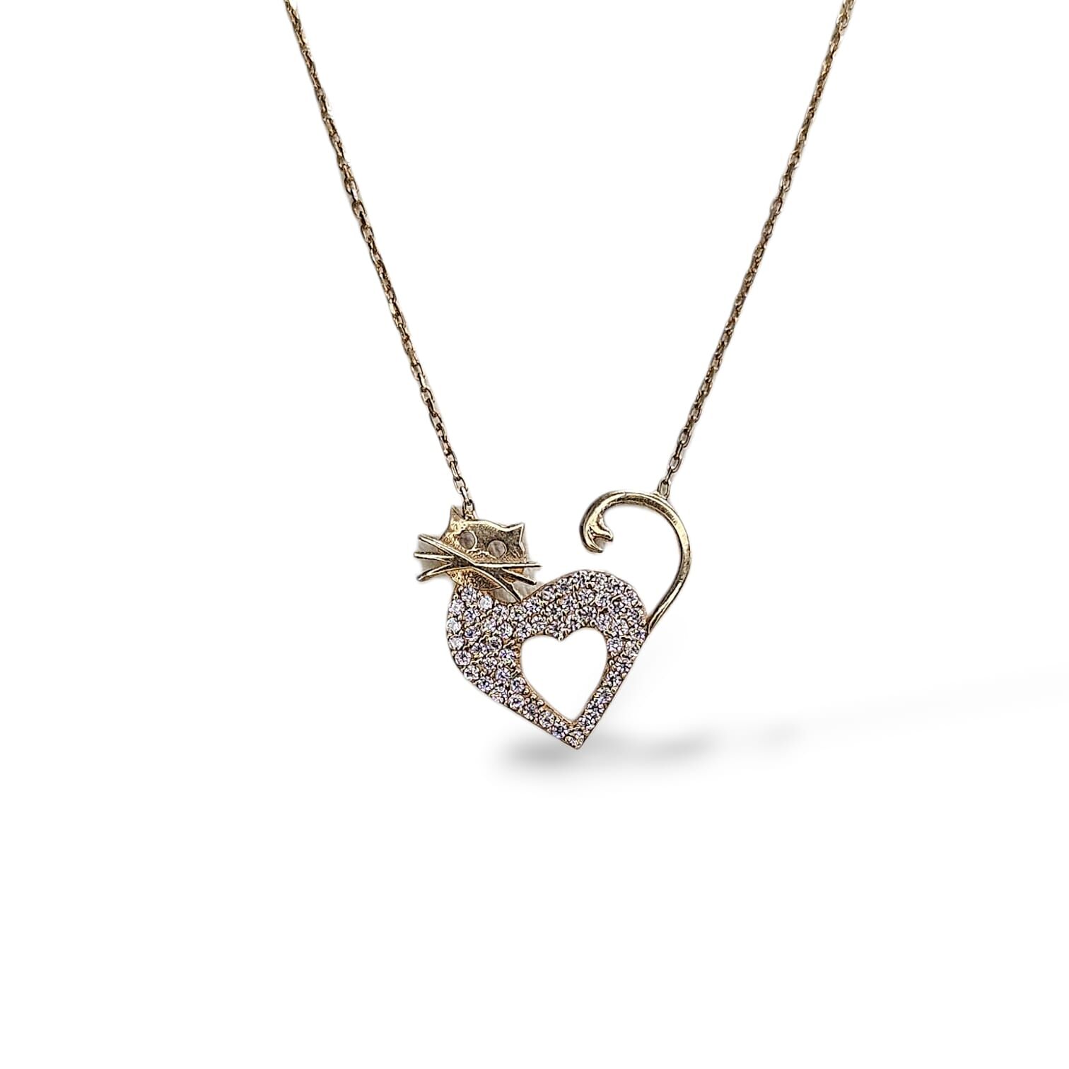 14 Ayar Altın Kaplama Kedi Figürlü Kalp Detay Gümüş Kolye