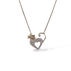 14 Ayar Altın Kaplama Kedi Figürlü Kalp Detay Gümüş Kolye