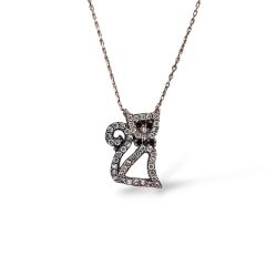 Papyonlu Kedi Figürlü Gümüş Kolye