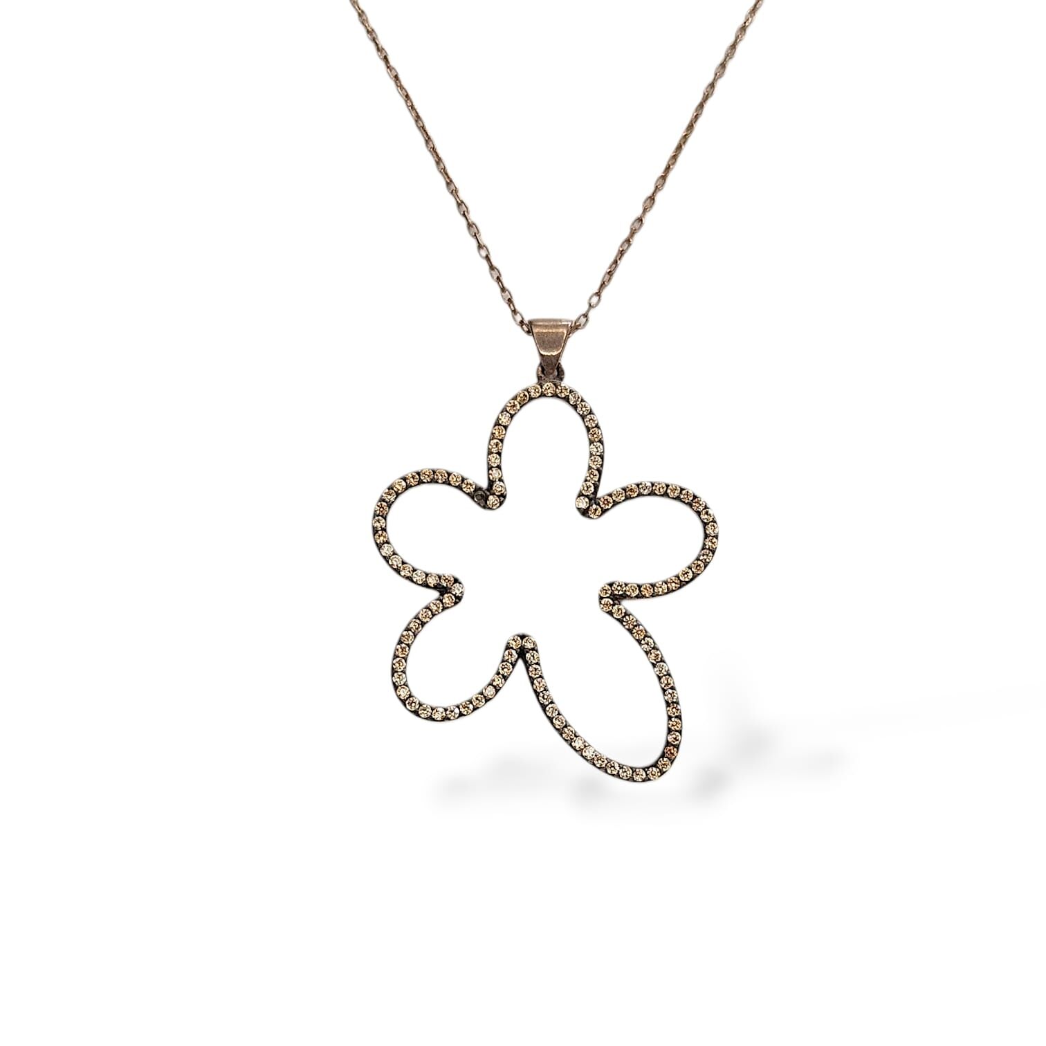 Büyük Boy Taşlı Çiçek Model Rose kaplama Gümüş Kolye