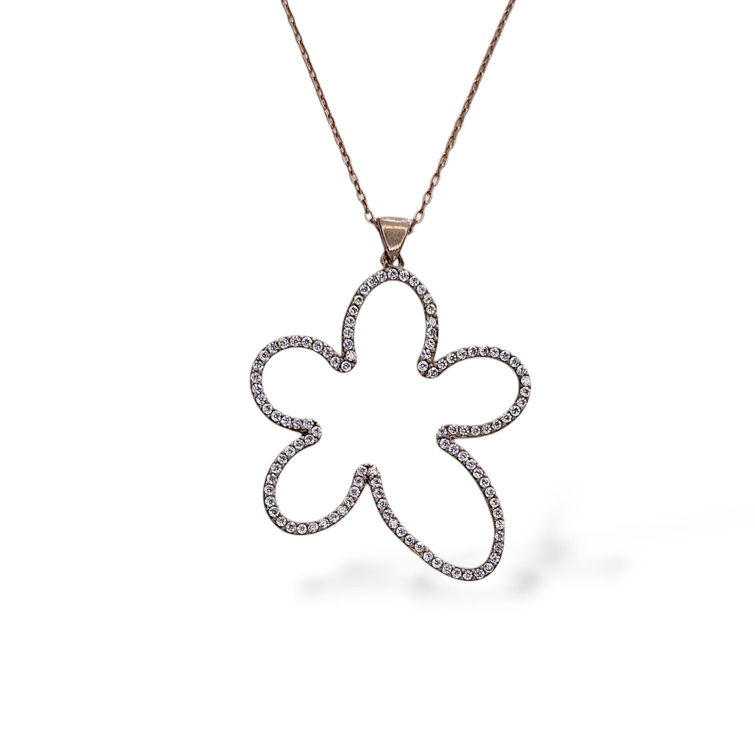 Büyük Boy Taşlı Çiçek Model Rose Kaplama Gümüş Kolye