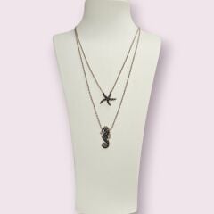 Siyah Taşlı Deniz Yıldızı- Deniz Atı Figürlü Rose Kaplama Gümüş Kolye