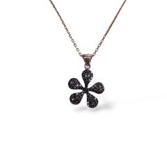 Siyah Taşlı Çiçek Model Rose Kaplama Gümüş Kolye
