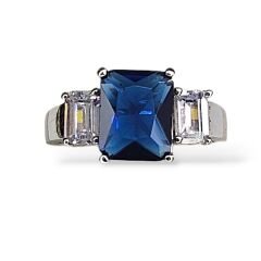 3 Taş Safir Renk Gümüş Yüzük