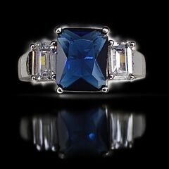 3 Taş Safir Renk Gümüş Yüzük