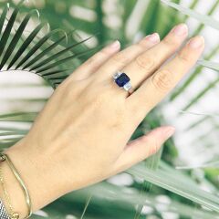 3 Taş Safir Renk Gümüş Yüzük