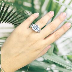 5 Taş Elmas Kesim Kristal Gümüş Yüzük