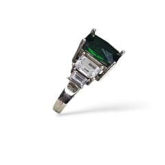 5 Taş Elmas Kesim Zümrüt Renk Gümüş Yüzük