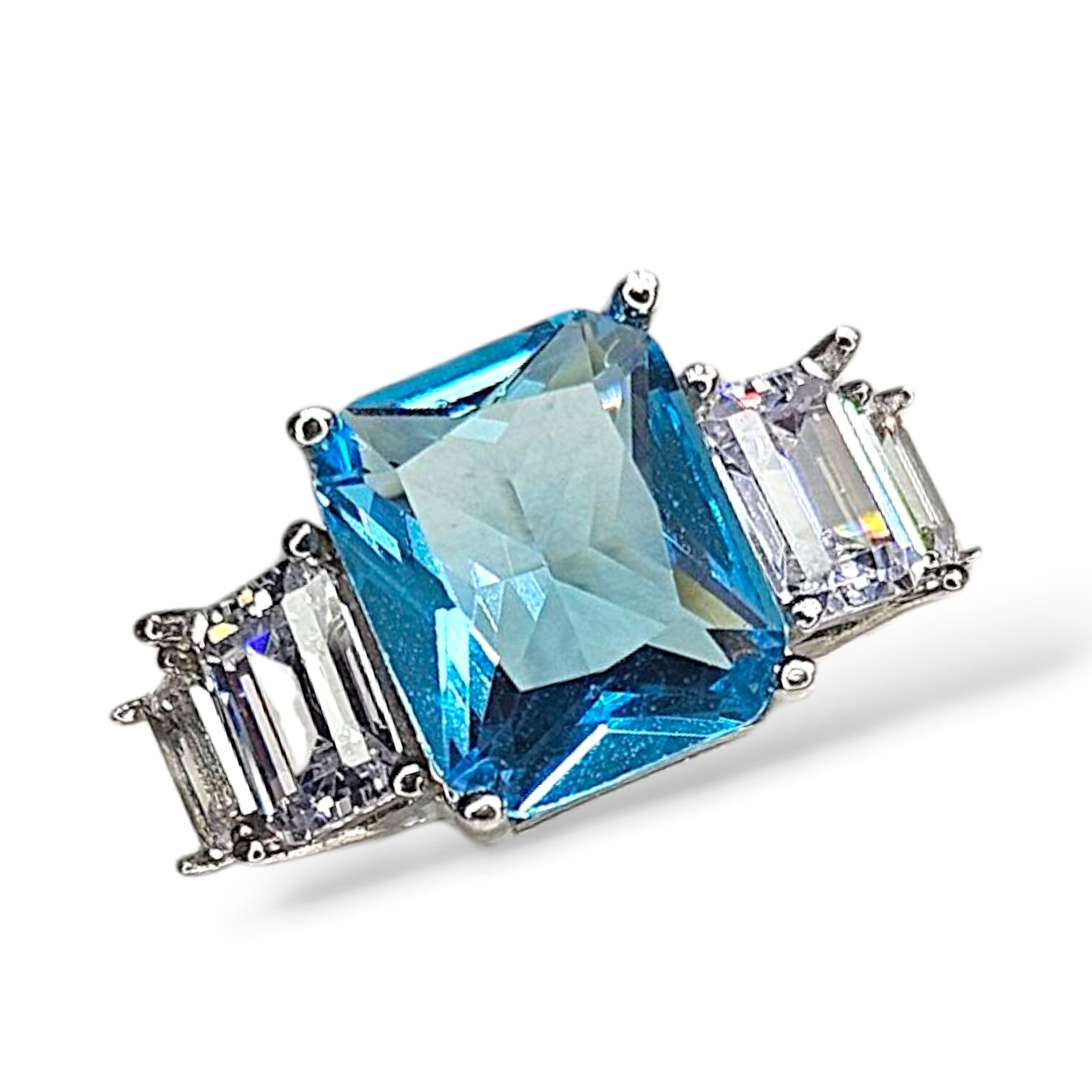 5 Taş Elmas Kesim Aquamarin Gümüş Yüzük