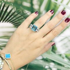 5 Taş Elmas Kesim Aquamarin Gümüş Yüzük