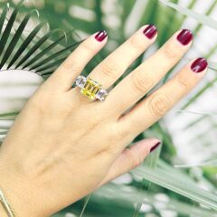 5 Taş Elmas Kesim Sarı Kristal Gümüş Yüzük