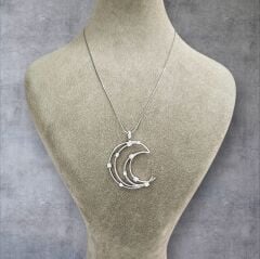 Büyük Hilal Taşlı Kadın Şık Gümüş Kolye