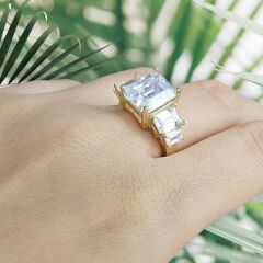 5 Taş Elmas Kesim 14 Ayar Altın Kaplama Gümüş Yüzük