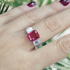 3 Taş Elmas Kesim Yakut Gümüş Yüzük