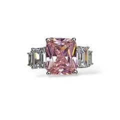 5 Taş Elmas Kesim Pembe Gümüş Yüzük