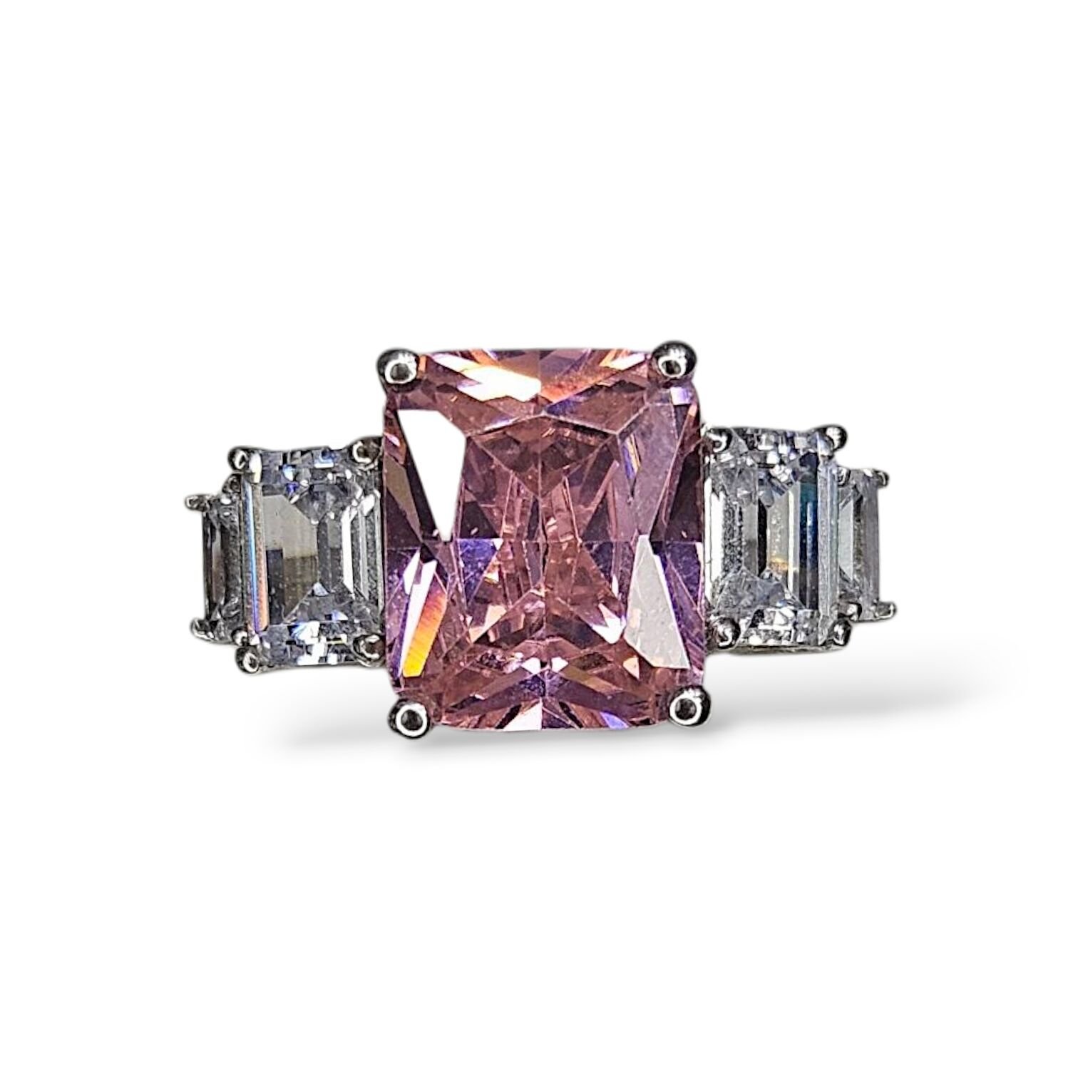 5 Taş Elmas Kesim Pembe Gümüş Yüzük