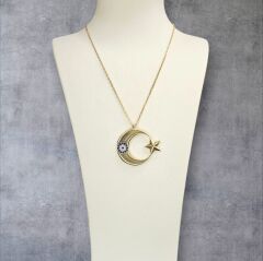 Kadın 14K Altın Kaplama Hilal Model Nazar Taşlı Şık Gümüş Kolye