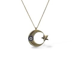 Kadın 14K Altın Kaplama Hilal Model Nazar Taşlı Şık Gümüş Kolye