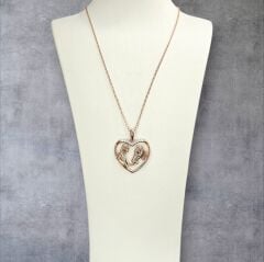 Kadın Kız-At Resmi Kalp Form Taşlı Rose Kaplama Şık Gümüş Kolye