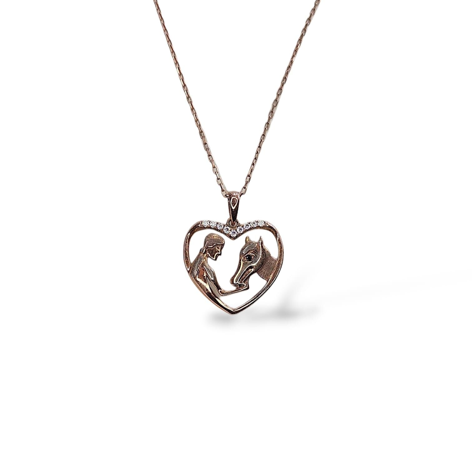 Kadın Kız-At Resmi Kalp Form Taşlı Rose Kaplama Şık Gümüş Kolye