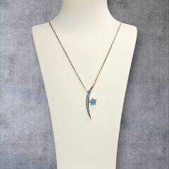 Kadın 14K Altın Kaplama Mavi Taşlı Şık Hilal Model Gümüş Kolye