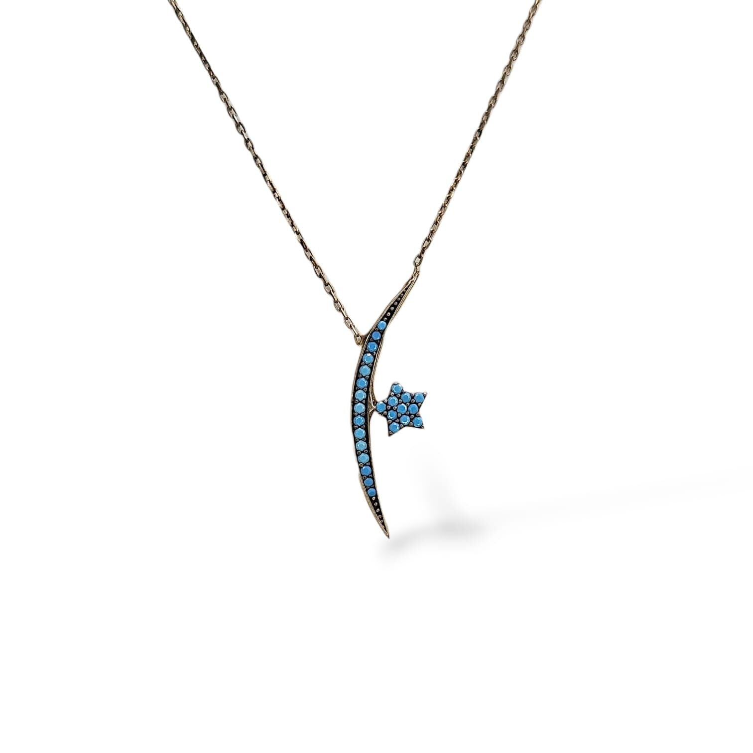 Kadın 14K Altın Kaplama Mavi Taşlı Şık Hilal Model Gümüş Kolye