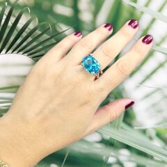 Aquamarin Renk Otantik Rose Gümüş Yüzük