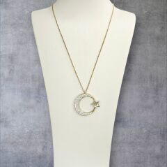 Kadın 14K Altın Kaplama Hilal Model Taşlı Şık Gümüş Kolye