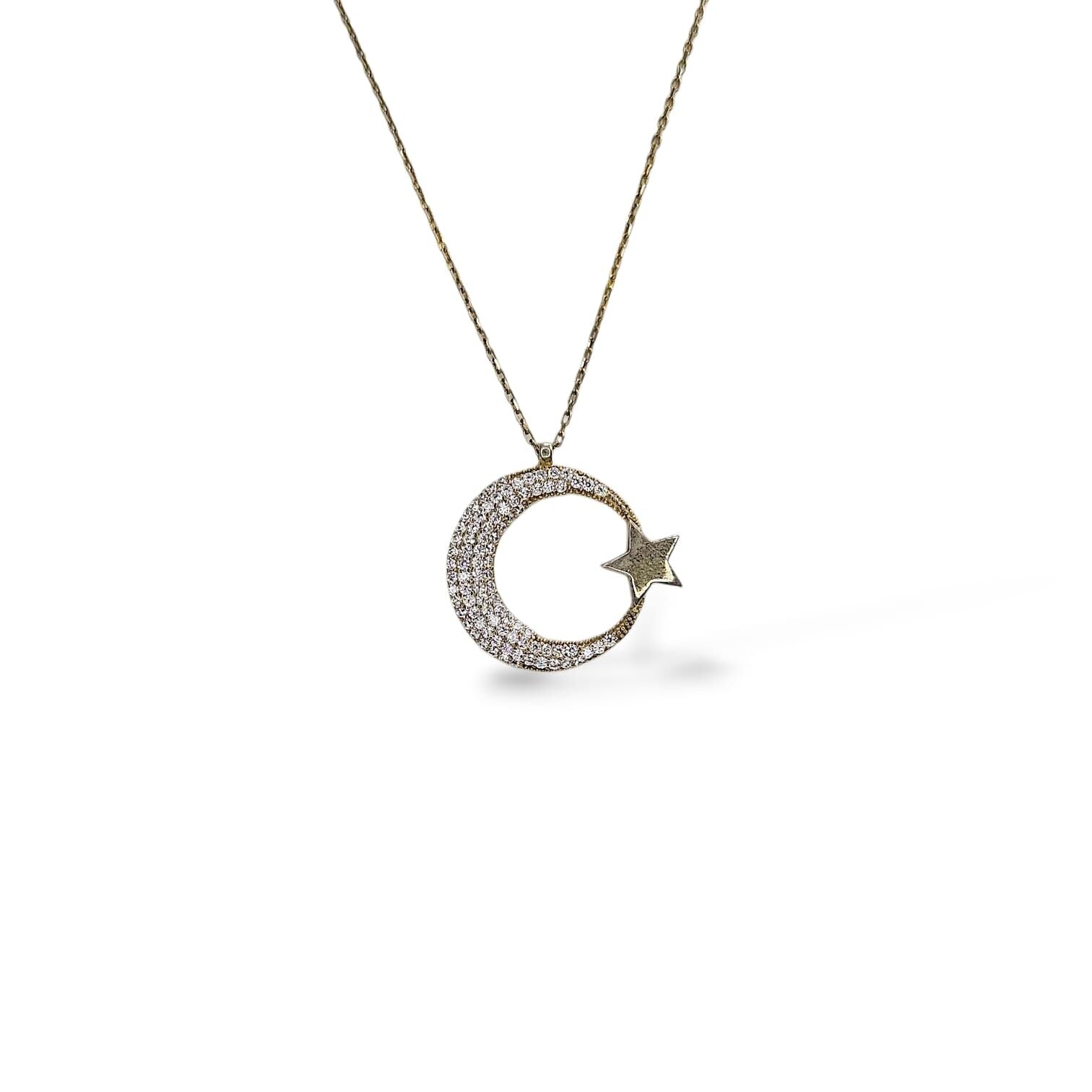 Kadın 14K Altın Kaplama Hilal Model Taşlı Şık Gümüş Kolye