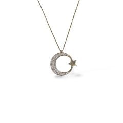 Kadın 14K Altın Kaplama Hilal Model Taşlı Şık Gümüş Kolye