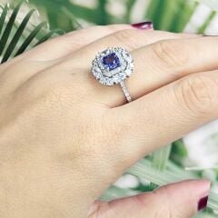 Safir Taşlı Elmas Kesim Gümüş Yüzük