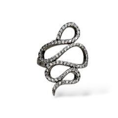 Yılan Form Siyah Detaylı Taşlı Gümüş Yüzük