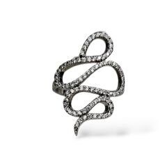 Yılan Form Siyah Detaylı Taşlı Gümüş Yüzük