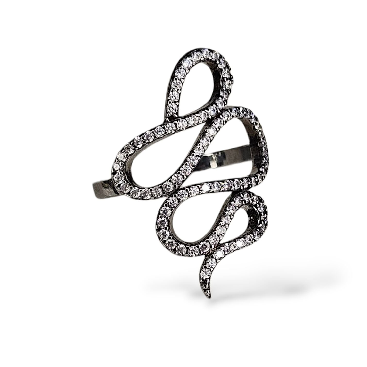 Yılan Form Siyah Detaylı Taşlı Gümüş Yüzük