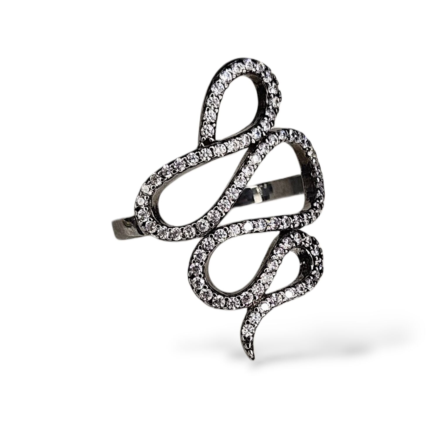 Yılan Form Siyah Detaylı Taşlı Gümüş Yüzük