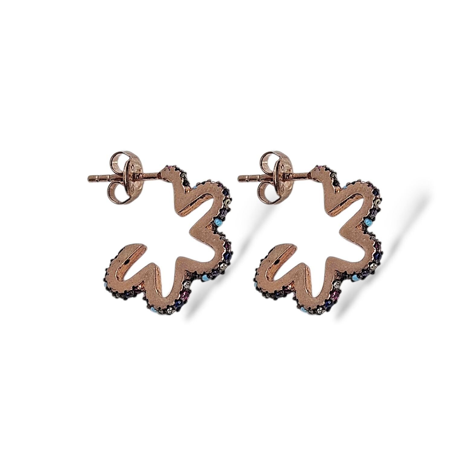 Renkli Taşlı Çiçek Model Rose Kaplama Kadın Gümüş Küpe